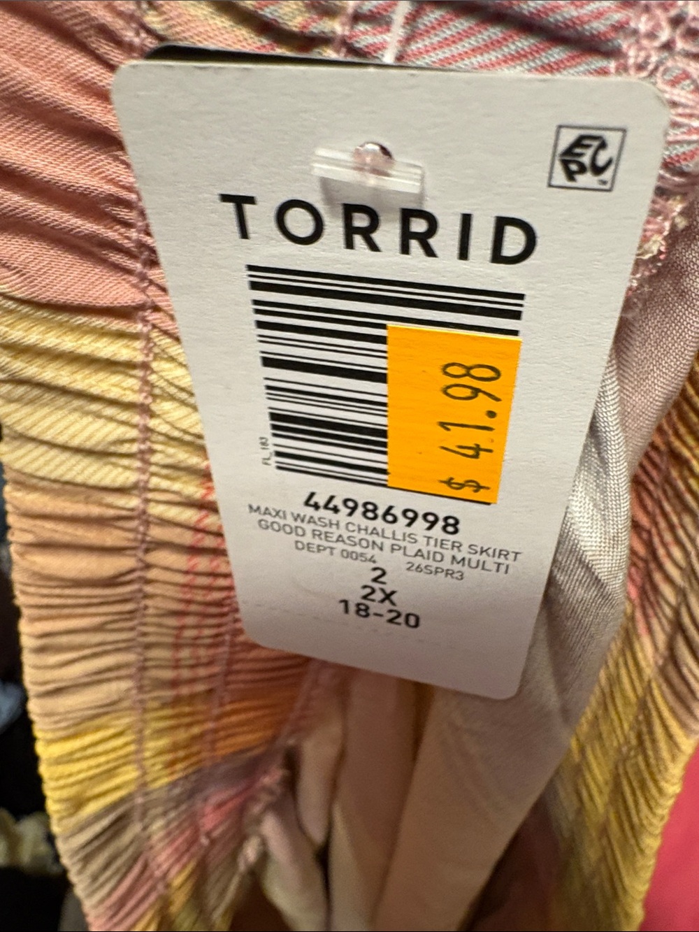 Torrid Pastel Plaid Tiered Maxi Skirt in Yellow, Pink & Blue Size 2 or 2X - Picture 3 of 4